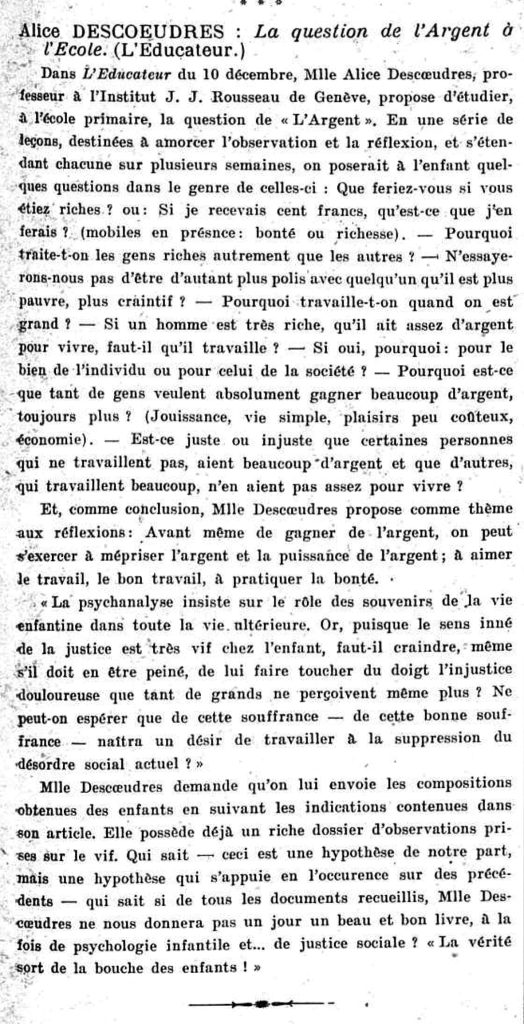 Extrait d’un article sur l’ouvrage d’Alice Descoeudres paru dans Le Nouvel Essor, février 1922, p. 3.
