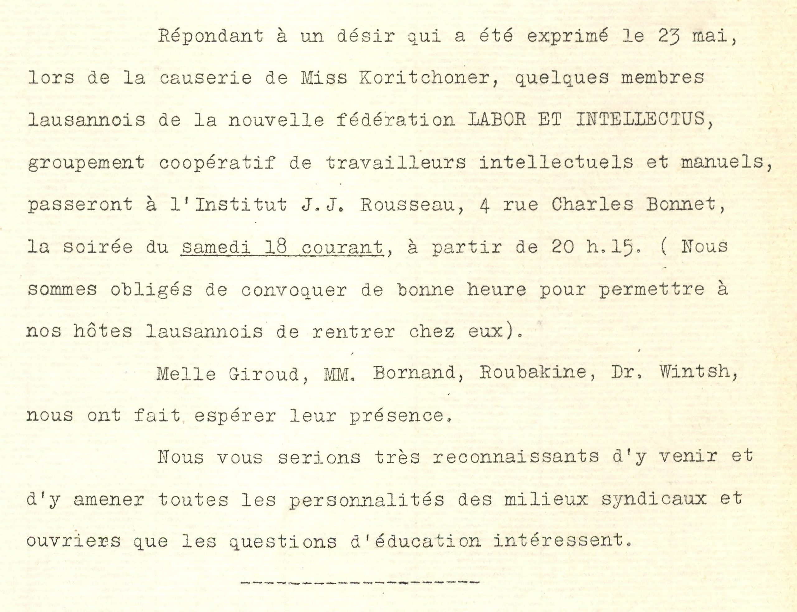 « Projet éducation ouvrière », 1927 (BIE, boîte 138, C.5.1.134, vers 1927).