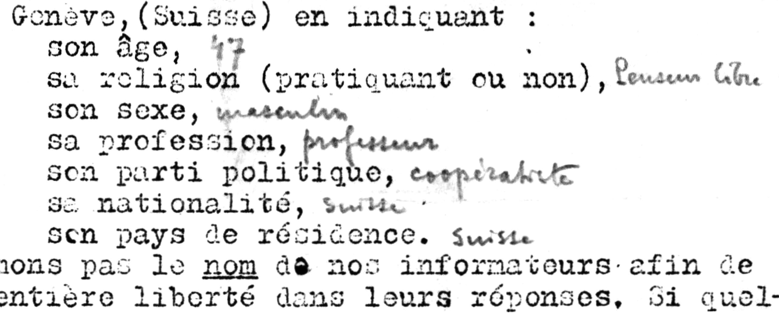 Cet extrait de 1926 montre une réponse d’Adolphe Fer- rière à une enquête sur le sentiment patriotique, réalisée et conservée par le BIE. Il est demandé de répondre à quelques informations d’ordre général, dont son parti ou sa sympathie politiques. Sa réponse est « coopératiste » (BIE, boîte 86, B.2.0.41.a, réponse d’Adolphe Ferrière au questionnaire de l’enquête sur le patriotisme, 1926).